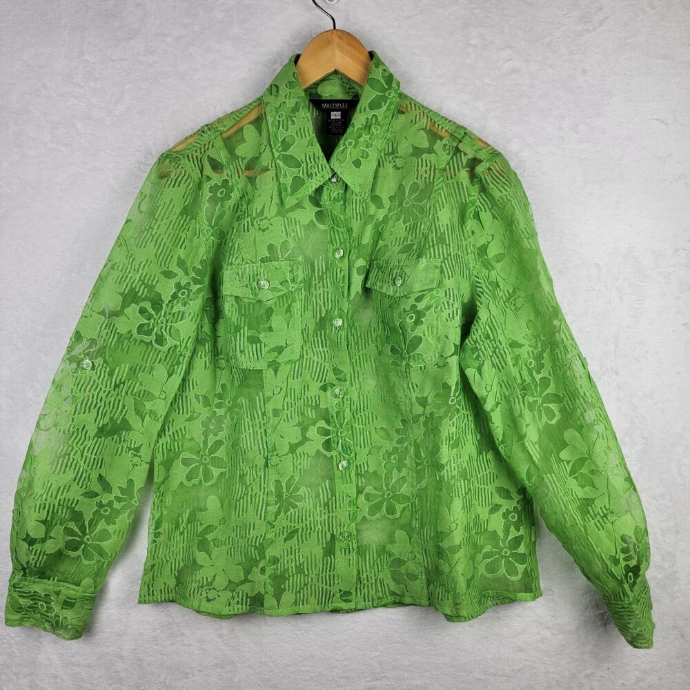 Whimsical Fairy Sz Large Blouse Sheer Green Floral Button Roll Tab Sleeve Top
